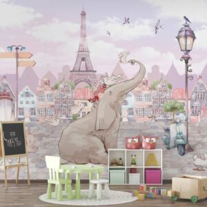 parisian elephant parade storybook mural wallpaper