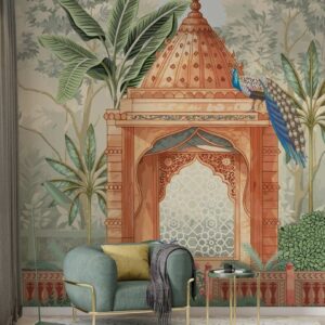 peacock courtyard pavilion heritage mural wallpaper