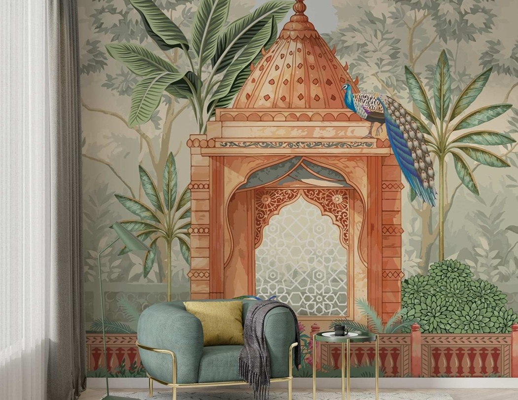 peacock courtyard pavilion heritage mural wallpaper peacock courtyard pavilion heritage mural wallpaper